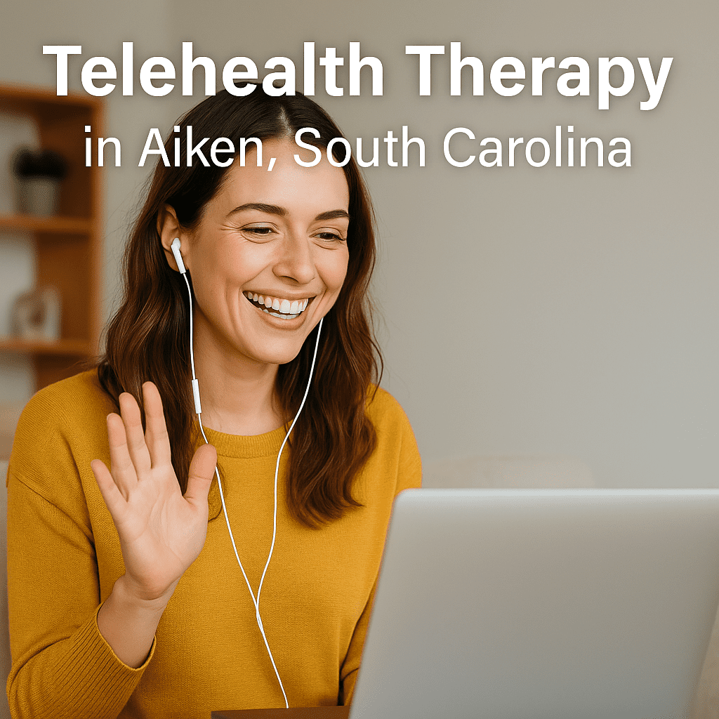 Smiling older woman in a virtual therapy session in Aiken, SC