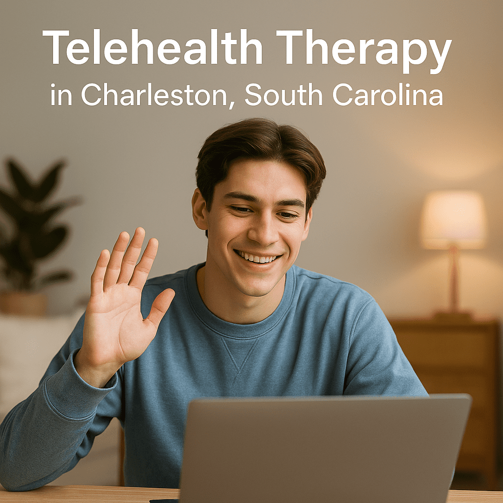 Smiling young man in a virtual therapy session in Charleston, SC