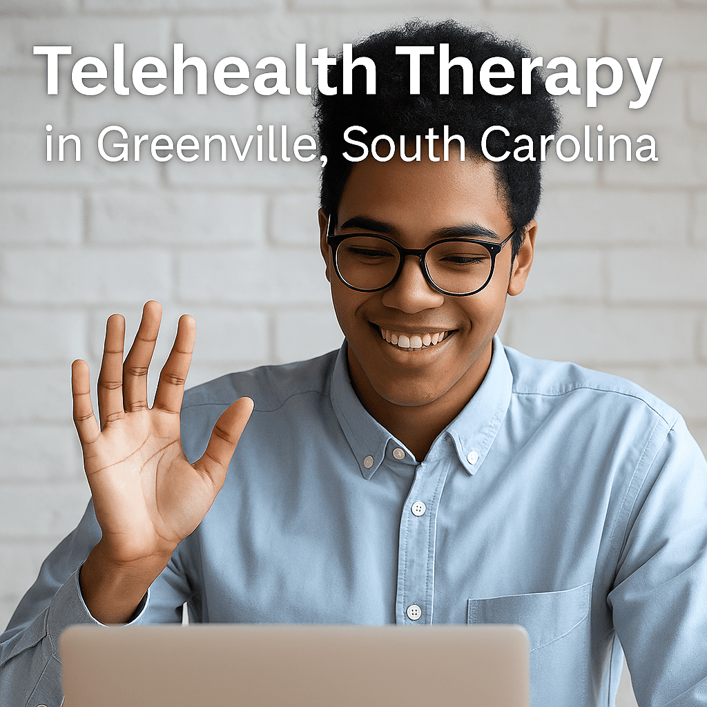 Smiling young man in a virtual therapy session in Greenville, SC