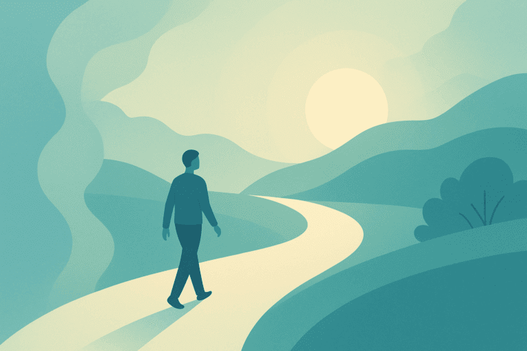 Minimalist illustration of a person walking along a bright path toward sunlight, symbolizing relief from anxiety and clarity after worry.