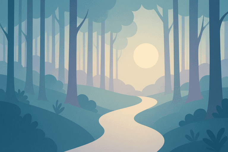 Minimalist illustration of a quiet forest path opening into sunlight, symbolizing hope, healing, and renewal after grief and depression.