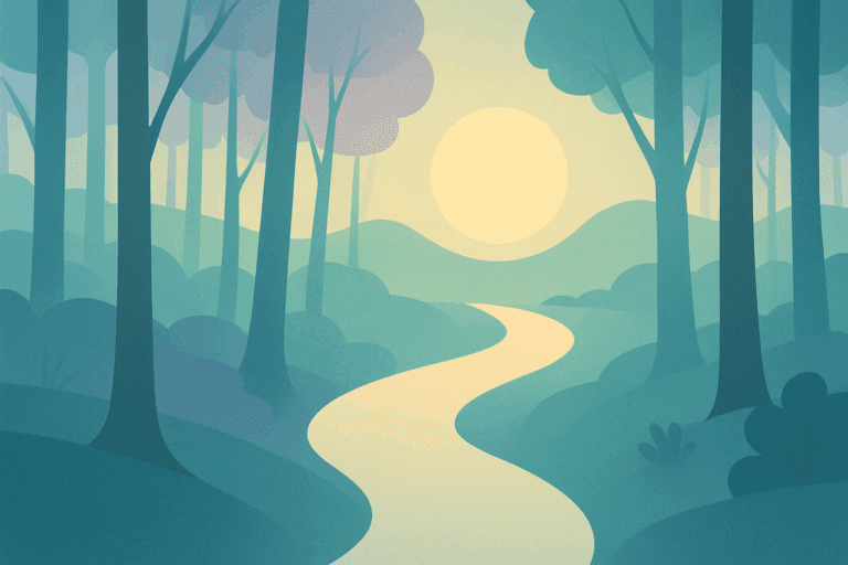 Minimalist illustration of a winding path through a calm forest toward the sun, symbolizing resilience, recovery, and healing from trauma.
